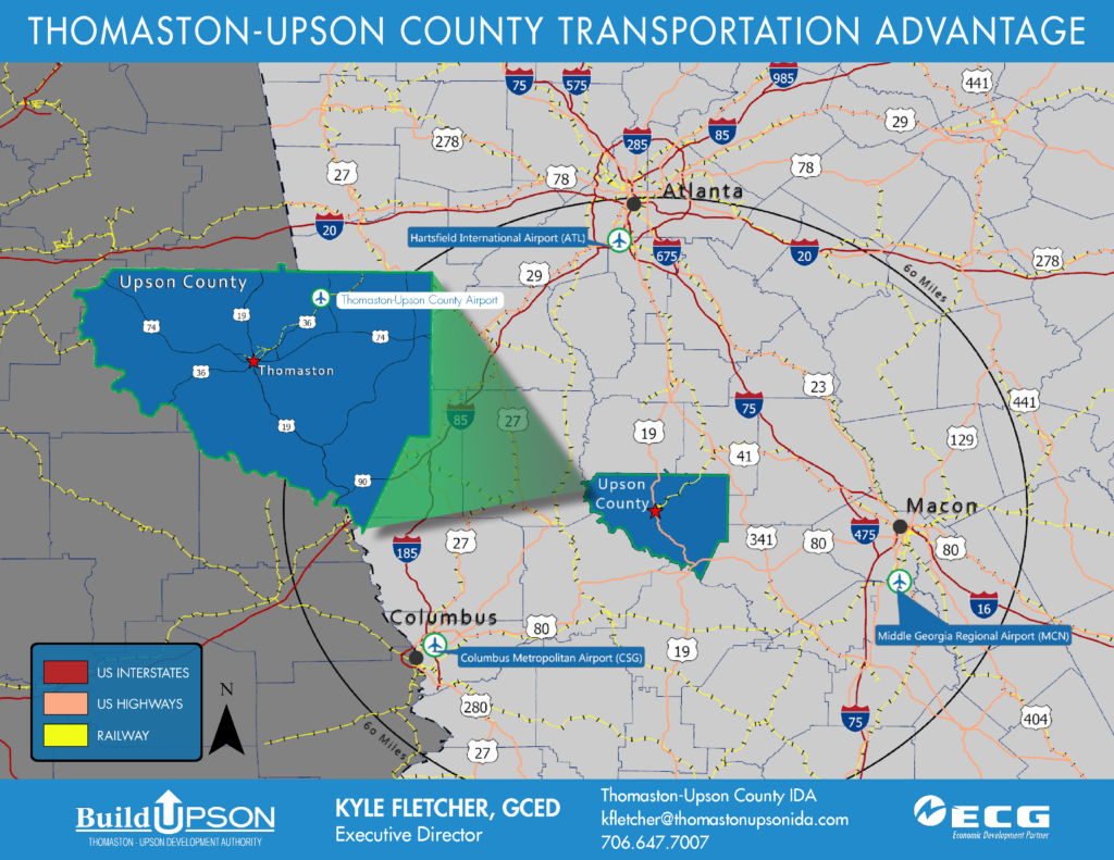 Thomaston, GA is conveniently located one hour south of Atlanta-Hartsfield Jackson Airport, 45 minutes west of Macon and 45 minutes northeast of Columbus, GA. Our location gives us a strategic edge to offer rural living with the big city amenities within one hour of our community.